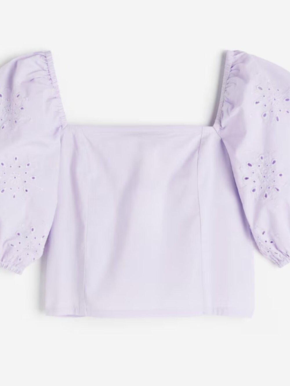 H&M Puff-sleeved Eyelet Embroidered Crop Lilac Cotton Poplin Top - Picture 2 of 10